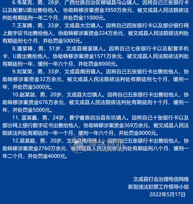 浙江文成县关于涉“两卡”人员被判处刑罚的公告