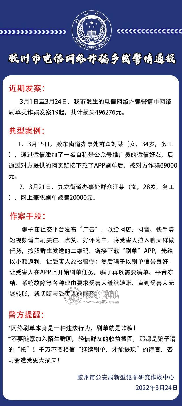 山东胶州市电信网络诈骗多发警情通报