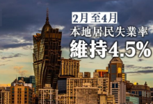 2月至4月澳门本地居民失业率维持4.5%