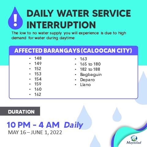 Maynilad宣布未来两周将在夜间实施停水措施 包括中国城地区