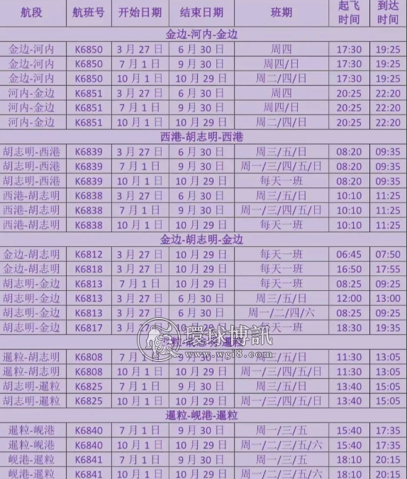 柬埔寨国家航空2022年夏季航班时刻表