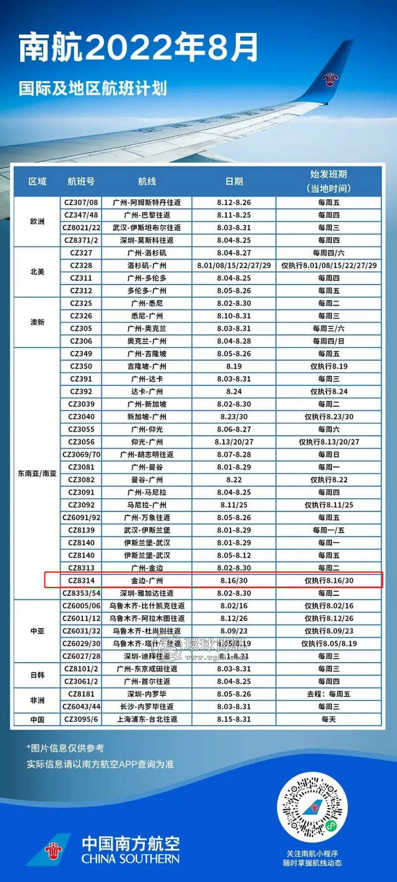 南航8月国际及地区航班计划出炉