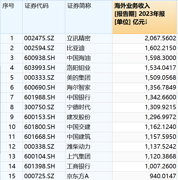 2023年海外业务收入金额前15名