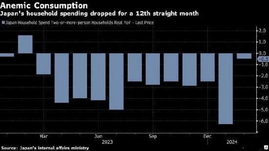 日本2月份家庭支出连续12个月同比下降